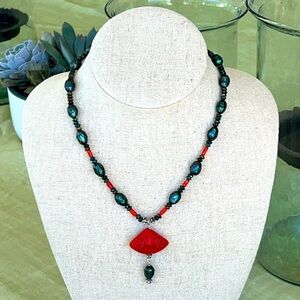 Handmade Artisan Pearl Necklace with Carved Fan Drop